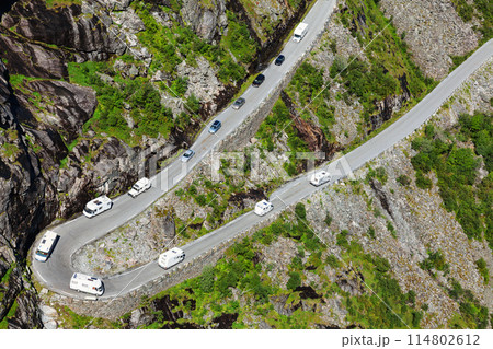 Traffic on Trollstigen serpentine road in Norway Traffic on Trollstigen serpentine road in Norway 114802612