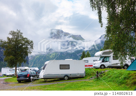 RV Park with Camper Trailers in Norwegian Mountains 114802613