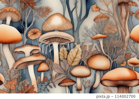 Enchanting autumn forest fungi and flora, magical discoveries in watercolor style. Enchanting autumn forest fungi and flora, magical discoveries in watercolor style. 114802700
