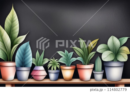 A row of houseplants in flowerpots on a wooden table in front of a blackboard. 114802779