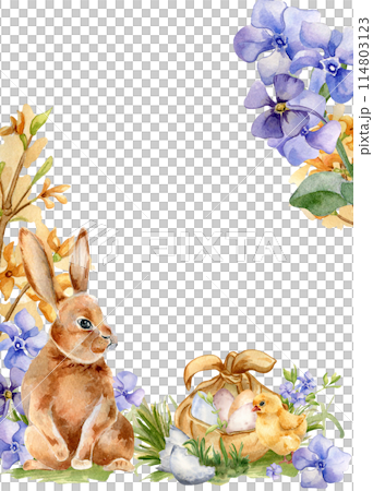 Easter border of blue spring flowers and watercolor bunny isolated on white. Floral template frame with eggs in fabric basket. Blooming forsythia branch hand drawn. Sketch hare for greeting card Easter border of blue spring flowers and watercolor bunny isolated on white. Floral template frame with eggs in fabric basket. Blooming forsythia branch hand drawn. Sketch hare for greeting card 114803123