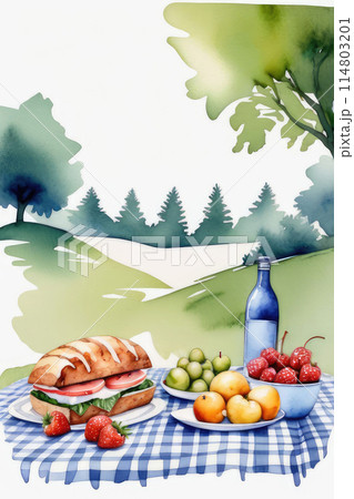 A cozy family picnic on the grass on a warm sunny day with picnic basket, fruits and  sandwiches in watercolor style. 114803201