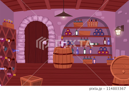 Wine shop, cellar interior with empty wooden shelves. Wine cellar interior. Alcohol shelving with wine champagne barrel. Alcohol beverage store in building basement. Cartoon vector illustration 114803367