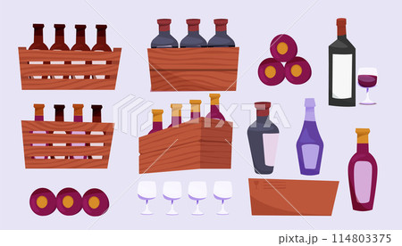 Wine cellar equipment and elements set. Barrel keg. Tank alcohol. Wine storage and drinking. Vector collection icons winemaking business. 114803375