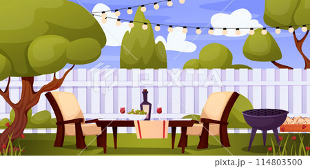 Home backyard with trees and furniture. Cartoon exterior and landscape, trees and bushes. Vector illustration EPS10 114803500