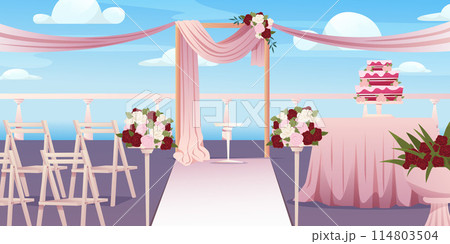 Wedding ceremony outdoor setup. Wedding ceremony setup with arch draped with ribbons and decorations. Vector illustration Wedding ceremony outdoor setup. Wedding ceremony setup with arch draped with ribbons and decorations. Vector illustration 114803504