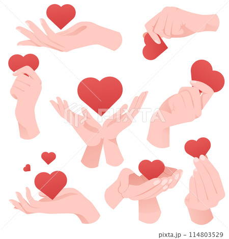 Cartoon flat vector illustration of hand holding heart. Fingers hold heart. Vector illustration, icons for Valentine's Day, Kindness Day, love, support 114803529