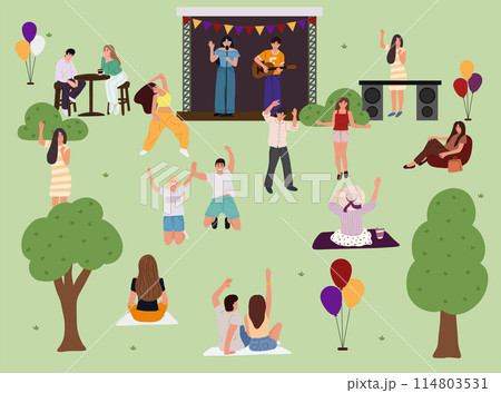 Music festival, open-air concert with outdoor stage. Young people sitting on grass in park, having picnic Crowd at summer concert in nature for adults and children. 114803531