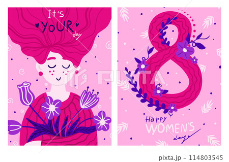 Set of Happy women's day greeting card. March 8. International Women's Day poster. 8 March posters design with lettering, womens, flowers and decorative elements. Set of Happy women's day greeting card. March 8. International Women's Day poster. 8 March posters design with lettering, womens, flowers and decorative elements. 114803545