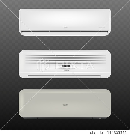 Air conditioners set. Electronic device for monitoring the room temperature. Realistic air conditioning split system indoor Air conditioners set. Electronic device for monitoring the room temperature. Realistic air conditioning split system indoor 114803552