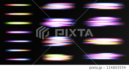 Futuristic neon light line trails. High speed effect motion blur night lights. Glowing wave swirl, impulse cable lines. Glowing speed lines. Light shining effect. 114803554