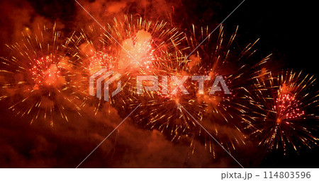 Red Firework celebrate anniversary in night time celebrate national holiday. Happy new year 2024, 4th of july holiday festival. Red firework Countdown to new year 2024 festival party time event 114803596