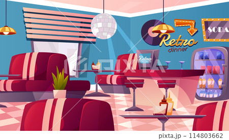 American Retro restaurant, diner interior with bar counter. Fast food retro cafe. Panoramic view of eatery. Empty restaurant with vintage decor. 114803662