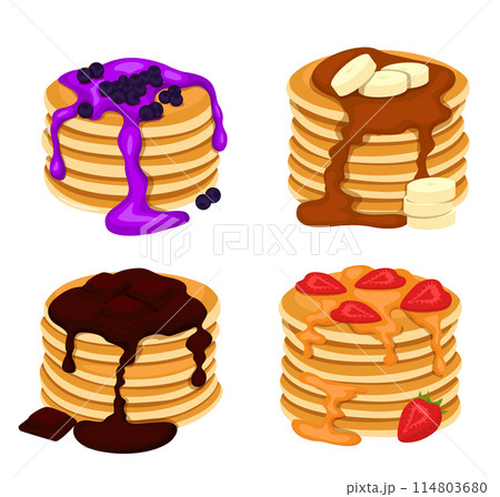 Set of four pancakes with different toppings. Stacks of tasty pancakes with maple syrup, butter, chocolate syrup, fruits and jam. Hotcake morning cuisine. Set of four pancakes with different toppings. Stacks of tasty pancakes with maple syrup, butter, chocolate syrup, fruits and jam. Hotcake morning cuisine. 114803680