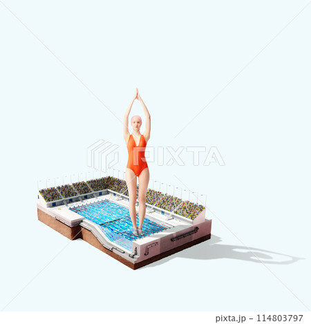 Big image of young girl, swimmer in red swimsuit and swimming gap standing by small swimming pool. Creative collage. 3D render. Big image of young girl, swimmer in red swimsuit and swimming gap standing by small swimming pool. Creative collage. 3D render. 114803797