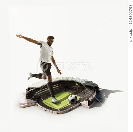 Giant figure of man, soccer player in motion with ball, playing over small stadium. Challenging match. Creative collage. 3D render. Giant figure of man, soccer player in motion with ball, playing over small stadium. Challenging match. Creative collage. 3D render. 114803798