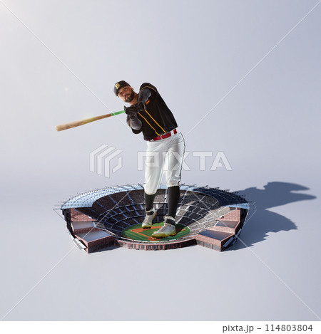 3D render. Focused man, baseball player during game with bat, playing over stadium. Giant figure above small arena. Creative collage. 114803804