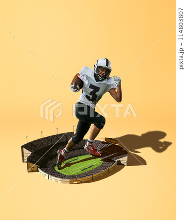 Competitive and focused man, American football player in motion during match, running above stadium. Creative collage. 3D render. 114803807