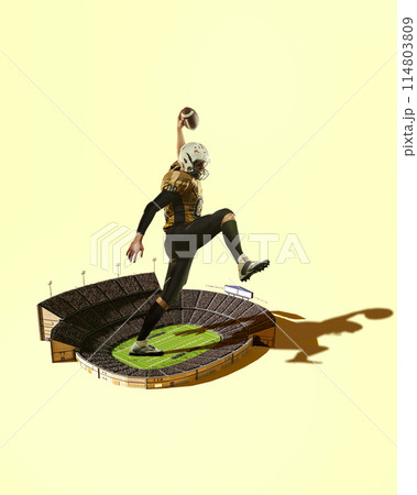 Dynamic image of motivated man, American football player in motion over stadium, playing, competing to win. Creative collage. 3D render. Dynamic image of motivated man, American football player in motion over stadium, playing, competing to win. Creative collage. 3D render. 114803809