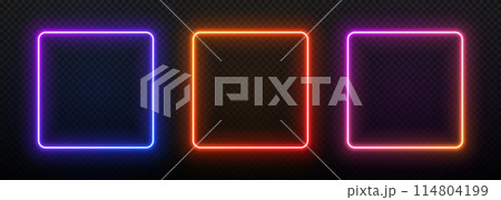 Neon light square frame. Box with led glow. Laser gradient border. Geometric fluorescent outline. Banner template with text. Neon light square frame. Box with led glow. Laser gradient border. Geometric fluorescent outline. Banner template with text. 114804199