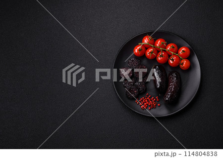 Delicious black blood sausage or black pudding with spices Delicious black blood sausage or black pudding with spices 114804838