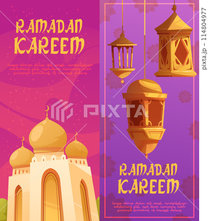 Hand drawn flat cartoon ramadan vertical banner template collection with islamic mosque and lantern Hand drawn flat cartoon ramadan vertical banner template collection with islamic mosque and lantern 114804977