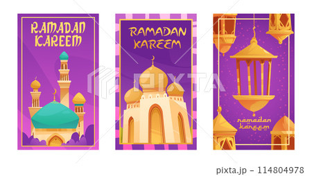 Hand drawn flat cartoon ramadan cards collection with islamic mosque and lanterns Hand drawn flat cartoon ramadan cards collection with islamic mosque and lanterns 114804978