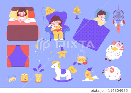 Bedtime icons in hand drawn design Bedtime icons in hand drawn design 114804986