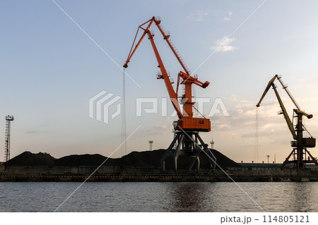 Silhouettes of harbour portal cranes at the sea port Silhouettes of harbour portal cranes at the sea port 114805121