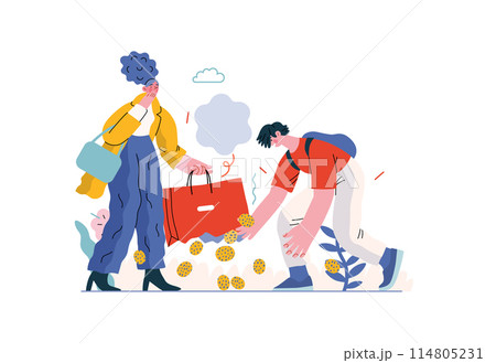 Mutual Support: Pick up fallen item -modern flat vector concept illustration of man collecting fruits that fell from woman's bag A metaphor of voluntary, collaborative exchanges of resource, services 114805231