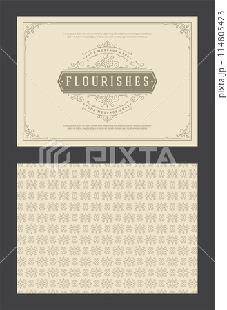 Vintage ornament greeting card calligraphic ornate swirls and vignettes frame design vector template Vintage ornament greeting card calligraphic ornate swirls and vignettes frame design vector template 114805423