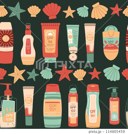 Seamless pattern with sunscreen and seashells. SPF protection for skin from the sun. Summer endless texture. Great for texture, background, wallpaper, scrapbooking. Seamless pattern with sunscreen and seashells. SPF protection for skin from the sun. Summer endless texture. Great for texture, background, wallpaper, scrapbooking. 114805459