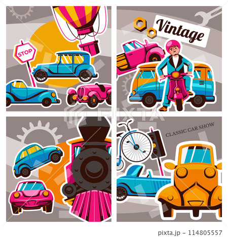 Vintage transportation cards in hand drawn design 114805557