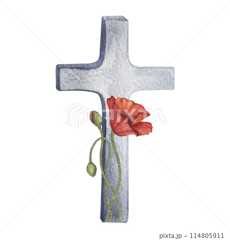 Red poppy flowers and stone cross symbol of war, Memorial Day in the USA, Anzac Day in Australia. Remember and honor. Lest We Forget. Hand drawn watercolor illustration isolated background Red poppy flowers and stone cross symbol of war, Memorial Day in the USA, Anzac Day in Australia. Remember and honor. Lest We Forget. Hand drawn watercolor illustration isolated background 114805911