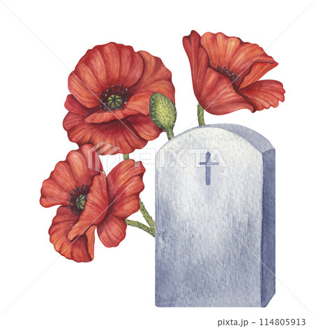 Red poppy flowers and gravestone symbol of war, Memorial Day in the USA, Anzac Day in Australia. Remember and honor. Lest We Forget. Hand drawn watercolor illustration isolated background. For posters Red poppy flowers and gravestone symbol of war, Memorial Day in the USA, Anzac Day in Australia. Remember and honor. Lest We Forget. Hand drawn watercolor illustration isolated background. For posters 114805913