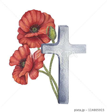 Red poppy flowers and stone cross symbol of war, Memorial Day in the USA, Anzac Day in Australia. Remember and honor. Lest We Forget. Hand drawn watercolor illustration isolated background 114805915
