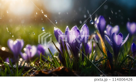 Close up of saffron flowers in a field with sunset lights. Generated AI Close up of saffron flowers in a field with sunset lights. Generated AI 114806426