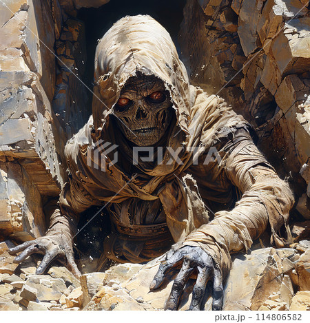 Mummy escaping from A stone sarcophagus tomb in the desert Mummy escaping from A stone sarcophagus tomb in the desert 114806582