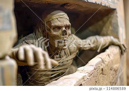 Mummy escaping from A stone sarcophagus 114806589