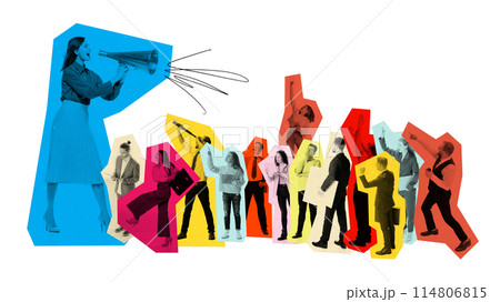 Contemporary art collage. Woman, leader using megaphone, with various business people in vibrant color blocks reacting. Contemporary art collage. Woman, leader using megaphone, with various business people in vibrant color blocks reacting. 114806815