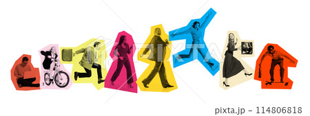Banner. Contemporary art collage. Office workers in colorful blocks engaged in various activities, symbolizing diverse work styles. Banner. Contemporary art collage. Office workers in colorful blocks engaged in various activities, symbolizing diverse work styles. 114806818