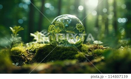 Crystal Globe Resting on Lush Moss. Global Sustainability. Crystal Globe Amidst Verdant Moss 114807139