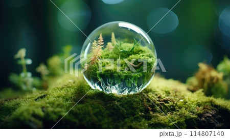Crystal globe placed on moss. ESG icon. Concept for environment. Society and Governance sustainable 114807140