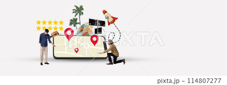 Two men looking on mobile phone screen with map inside and creating trip roads. Global journey. Contemporary art collage. 114807277