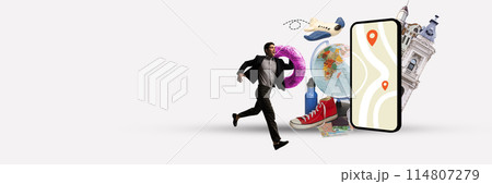 Cheerful man with swimming circle running in direction of phone with map and pins. Contemporary art collage. Cheerful man with swimming circle running in direction of phone with map and pins. Contemporary art collage. 114807279
