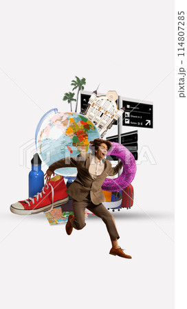 Man in formal wear, employee running into summer vacation time. Travelling abroad for resting. Contemporary art collage. Man in formal wear, employee running into summer vacation time. Travelling abroad for resting. Contemporary art collage. 114807285