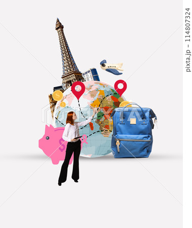 Global Business Travel. Businesswoman planning her route on a globe. Contemporary art collage. Counting spending on trip Global Business Travel. Businesswoman planning her route on a globe. Contemporary art collage. Counting spending on trip 114807324