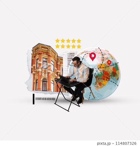 Young man working with focus on laptop, world lobe with pin on background, International business. Contemporary art collage. Young man working with focus on laptop, world lobe with pin on background, International business. Contemporary art collage. 114807326