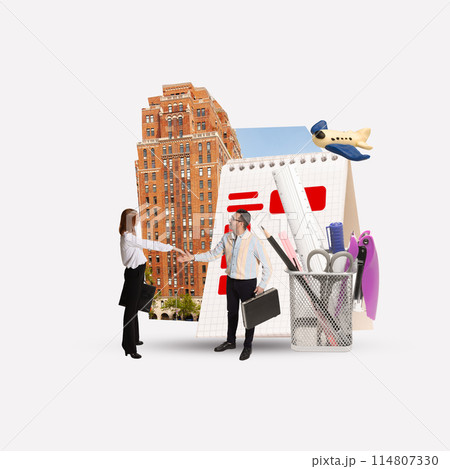 Business people, man and woman shaking hands against urban background symbolizing partnership all around the world. Contemporary art collage. Business people, man and woman shaking hands against urban background symbolizing partnership all around the world. Contemporary art collage. 114807330
