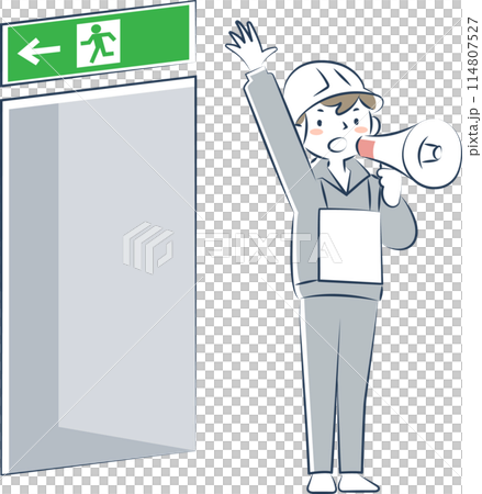 A woman using a megaphone to guide evacuation 114807527